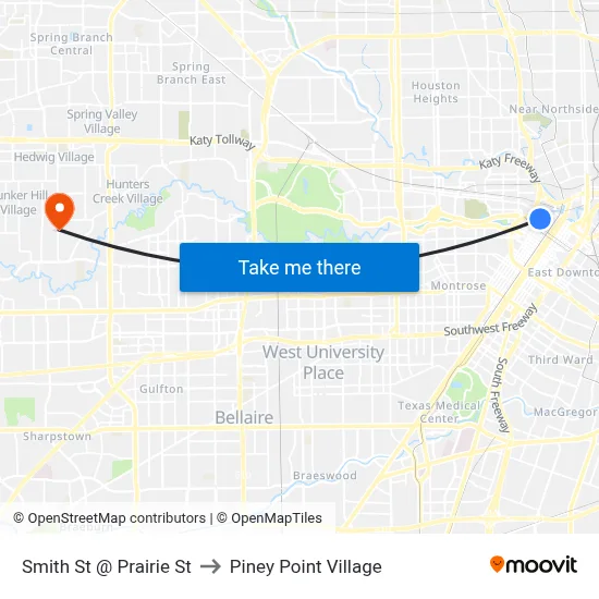 Smith St @ Prairie St to Piney Point Village map