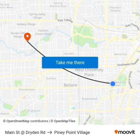Main St @ Dryden Rd to Piney Point Village map
