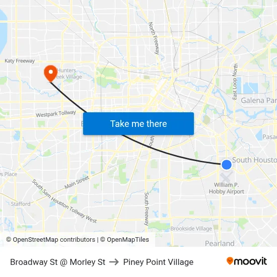 Broadway St @ Morley St to Piney Point Village map