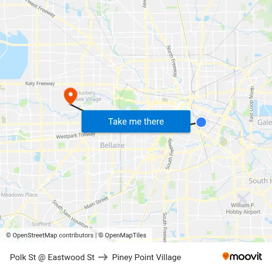Polk St @ Eastwood St to Piney Point Village map