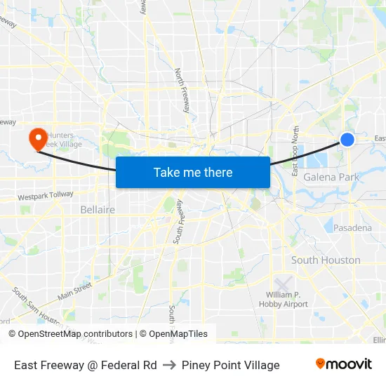 East Freeway @ Federal Rd to Piney Point Village map