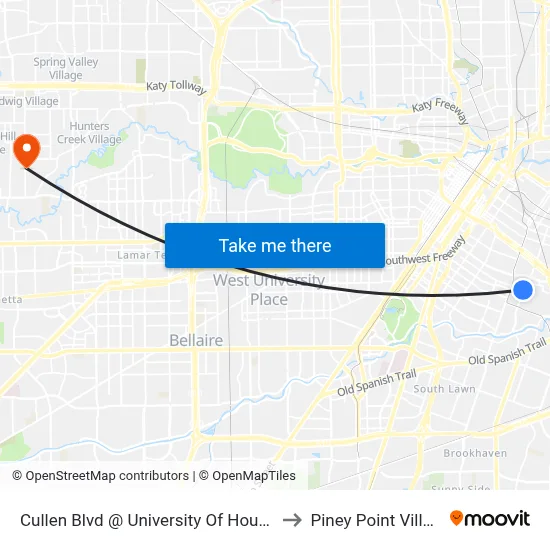Cullen Blvd @ University Of Houston to Piney Point Village map