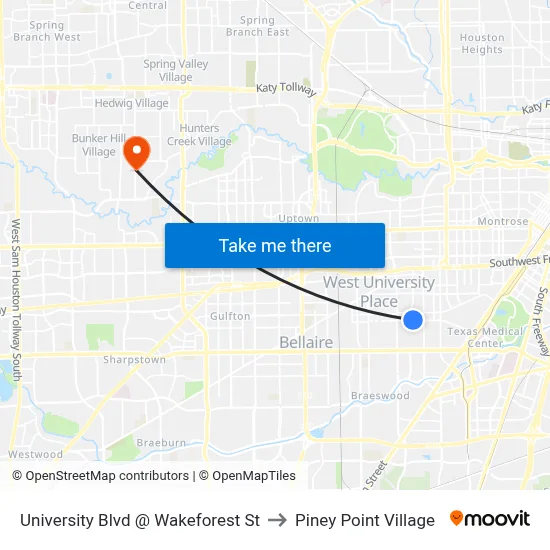 University Blvd @ Wakeforest St to Piney Point Village map