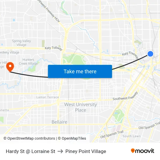 Hardy St @ Lorraine St to Piney Point Village map
