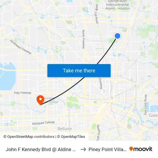 John F Kennedy Blvd @ Aldine Mail to Piney Point Village map