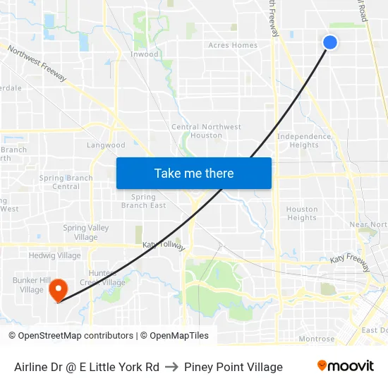 Airline Dr @ E Little York Rd to Piney Point Village map