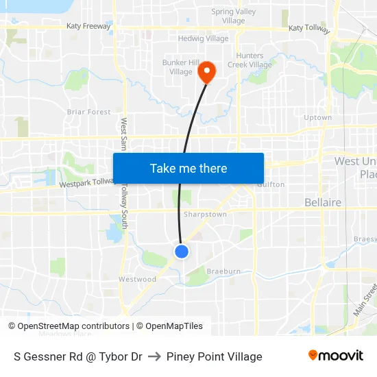 S Gessner Rd @ Tybor Dr to Piney Point Village map