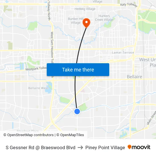 S Gessner Rd @ Braeswood Blvd to Piney Point Village map
