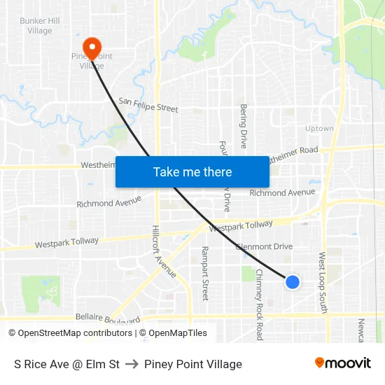 S Rice Ave @ Elm St to Piney Point Village map