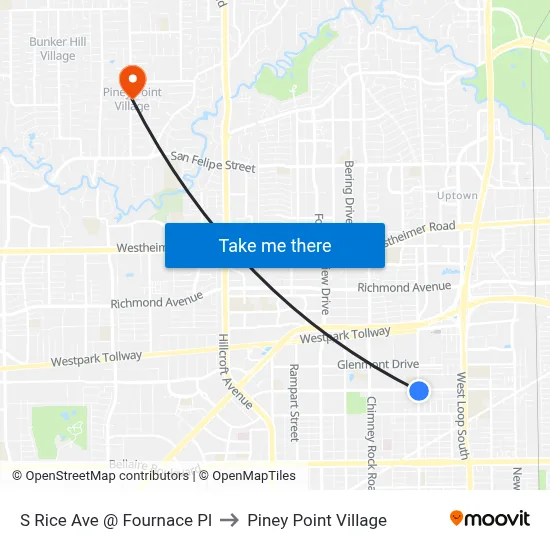 S Rice Ave @ Fournace Pl to Piney Point Village map