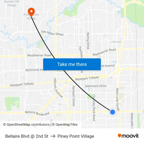 Bellaire Blvd @ 2nd St to Piney Point Village map