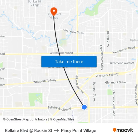 Bellaire Blvd @ Rookin St to Piney Point Village map