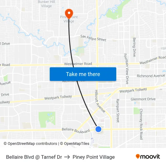 Bellaire Blvd @ Tarnef Dr to Piney Point Village map