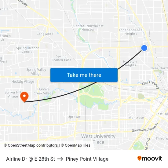 Airline Dr @ E 28th St to Piney Point Village map