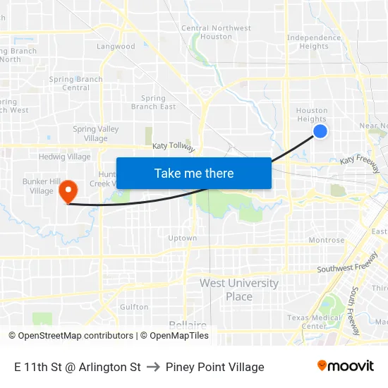 E 11th St @ Arlington St to Piney Point Village map