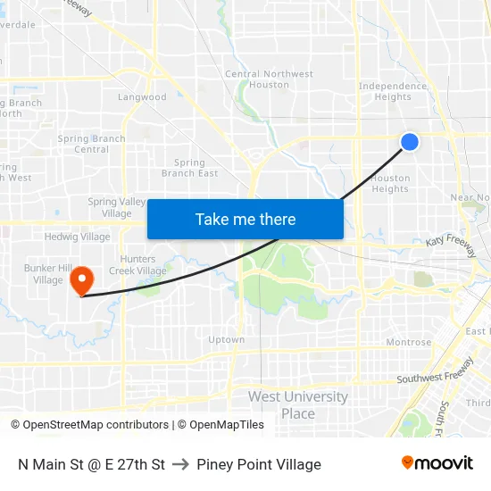 N Main St @ E 27th St to Piney Point Village map