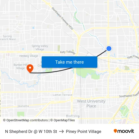 N Shepherd Dr @ W 10th St to Piney Point Village map