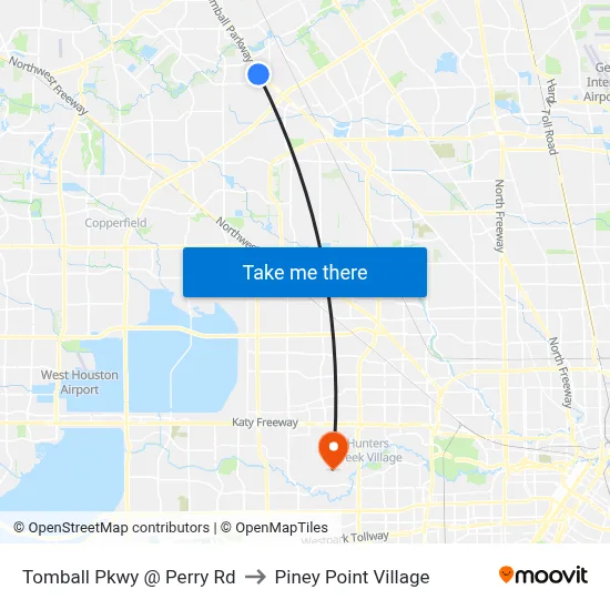 Tomball Pkwy @ Perry Rd to Piney Point Village map