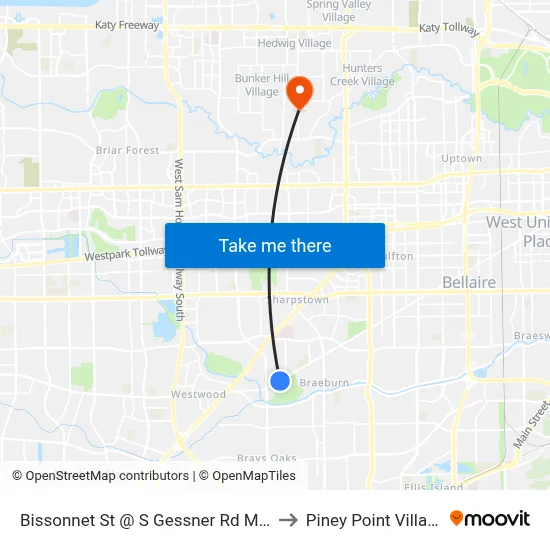 Bissonnet St @ S Gessner Rd Mb2 to Piney Point Village map