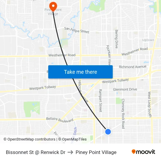 Bissonnet St @ Renwick Dr to Piney Point Village map