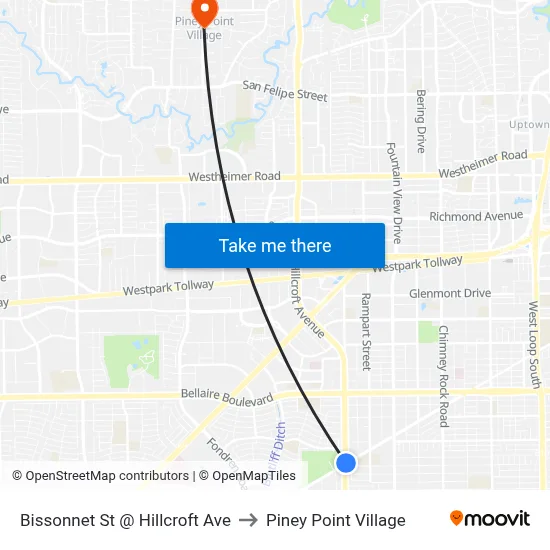 Bissonnet St @ Hillcroft Ave to Piney Point Village map