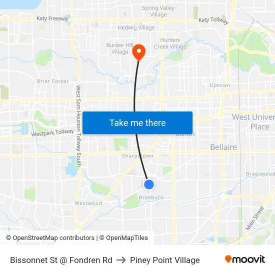Bissonnet St @ Fondren Rd to Piney Point Village map