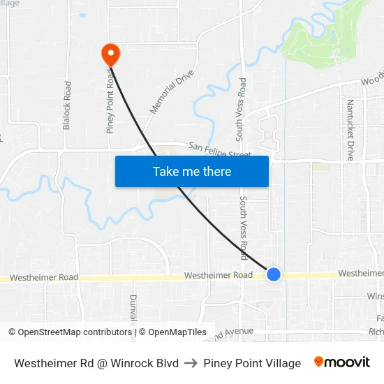 Westheimer Rd @ Winrock Blvd to Piney Point Village map