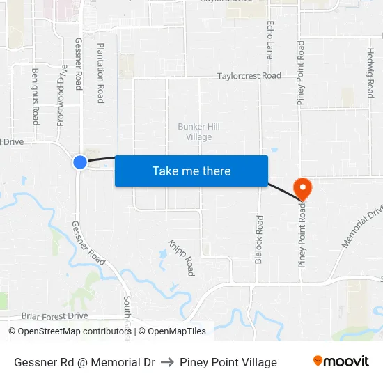 Gessner Rd @ Memorial Dr to Piney Point Village map