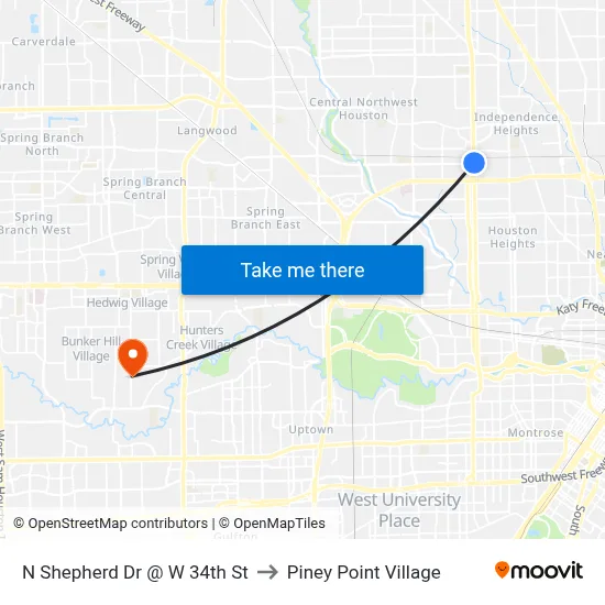 N Shepherd Dr @ W 34th St to Piney Point Village map