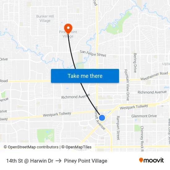 14th St @ Harwin Dr to Piney Point Village map