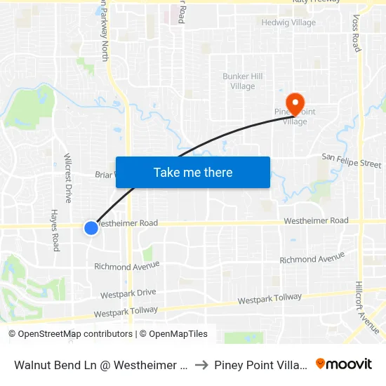 Walnut Bend Ln @ Westheimer Rd to Piney Point Village map