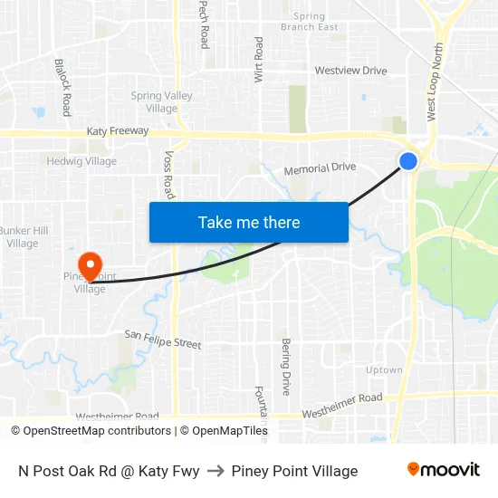 N Post Oak Rd @ Katy Fwy to Piney Point Village map