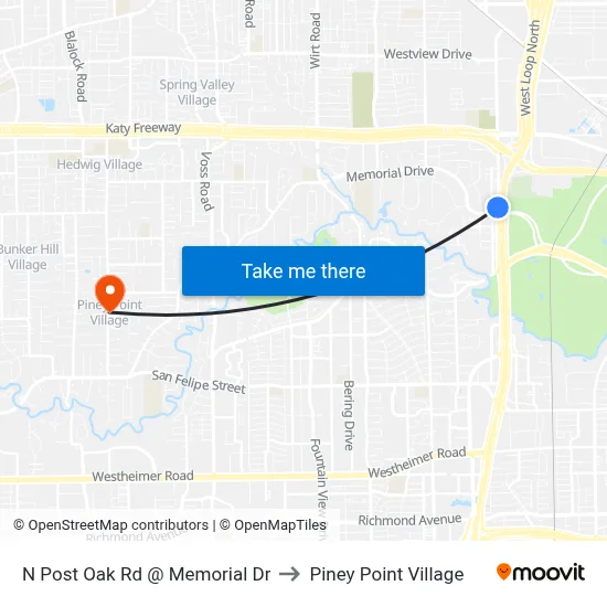 N Post Oak Rd @ Memorial Dr to Piney Point Village map