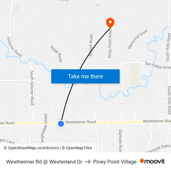 Westheimer Rd @ Westerland Dr to Piney Point Village map