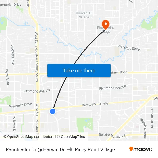 Ranchester Dr @ Harwin Dr to Piney Point Village map