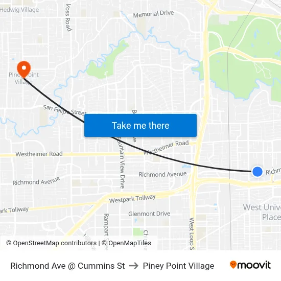 Richmond Ave @ Cummins St to Piney Point Village map