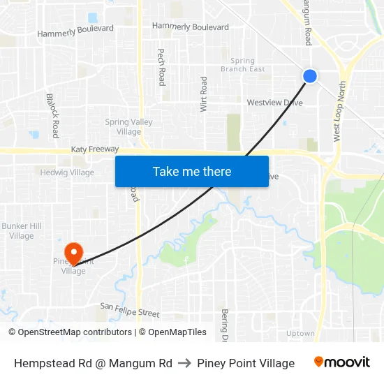 Hempstead Rd @ Mangum Rd to Piney Point Village map