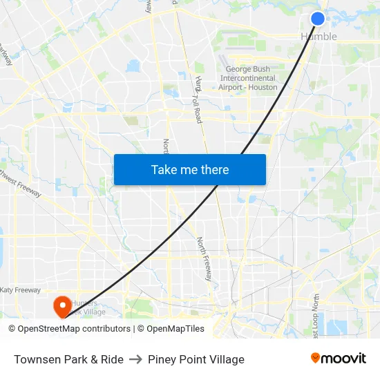 Townsen Park & Ride to Piney Point Village map