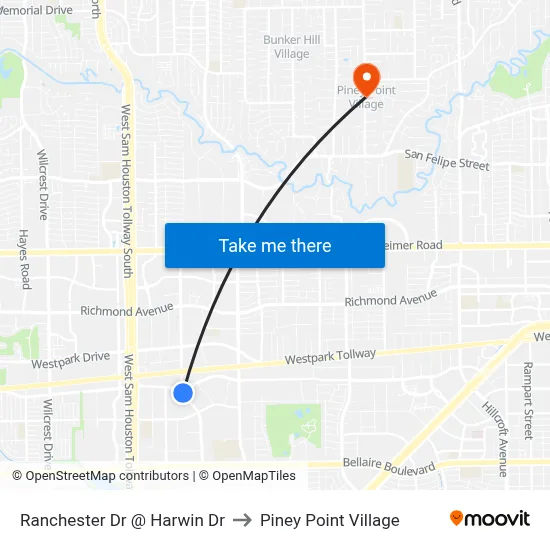 Ranchester Dr @ Harwin Dr to Piney Point Village map