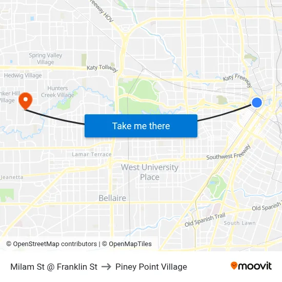 Milam St @ Franklin St to Piney Point Village map