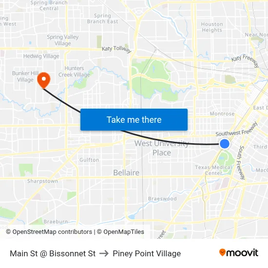 Main St @ Bissonnet St to Piney Point Village map