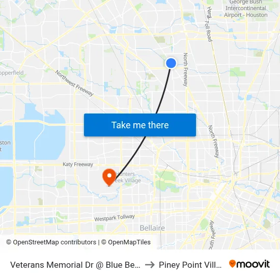 Veterans Memorial Dr @ Blue Bell Rd to Piney Point Village map