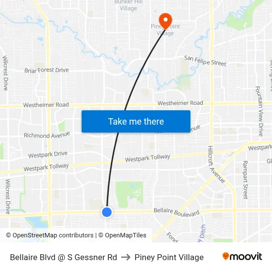Bellaire Blvd @ S Gessner Rd to Piney Point Village map
