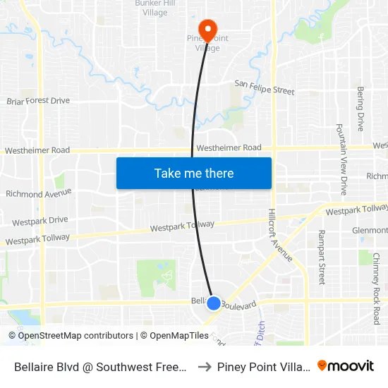 Bellaire Blvd @ Southwest Freeway to Piney Point Village map