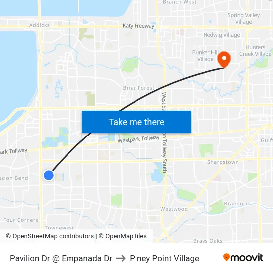 Pavilion Dr @ Empanada Dr to Piney Point Village map