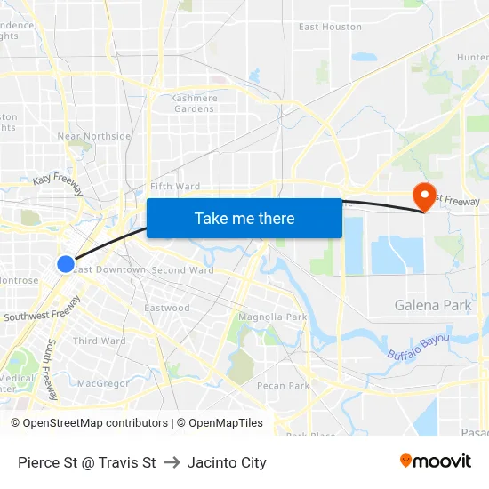 Pierce St @ Travis St to Jacinto City map