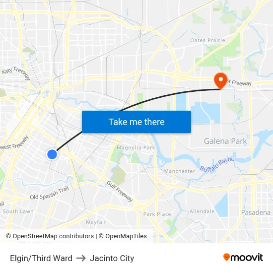 Elgin/Third Ward to Jacinto City map
