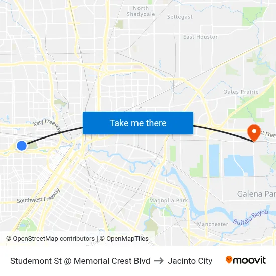 Studemont St @ Memorial Crest Blvd to Jacinto City map