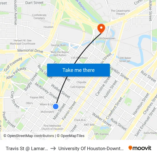 Travis St @ Lamar St to University Of Houston-Downtown map
