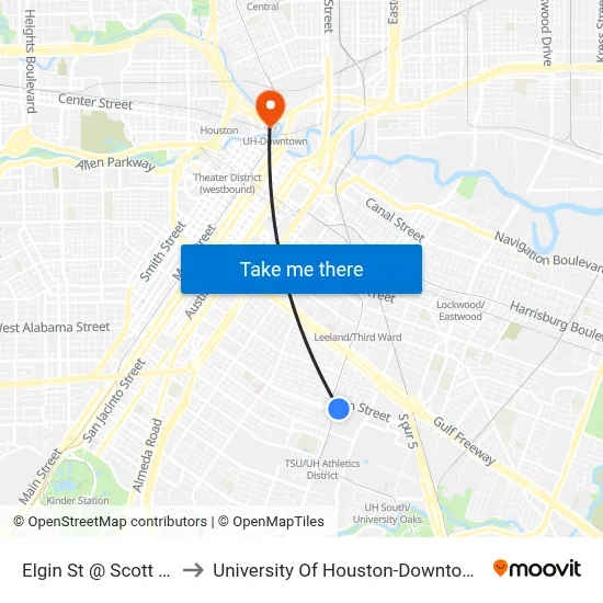 Elgin St @ Scott St to University Of Houston-Downtown map